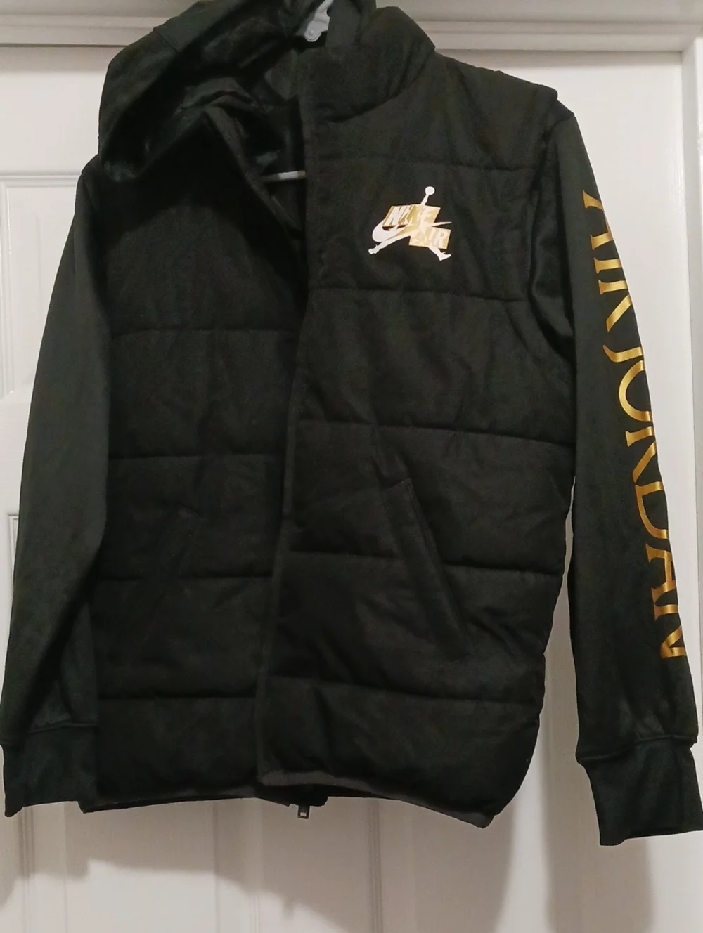 Jordan Black Puffer Jacket with Gold Logo Sleeve